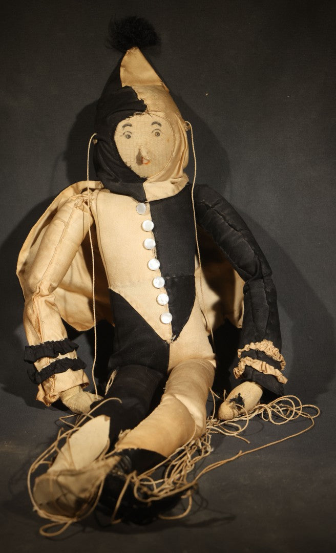 Antique Handmade Cloth Pierrot Clown Marionette Doll with Pointed Hat, Pom-Pom, and Button-Front Costume