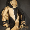 Lot 077 - Antique Handmade Cloth Pierrot Clown Marionette Doll with Pointed Hat, Pom-Pom, and Button-Front Costume, 21" H