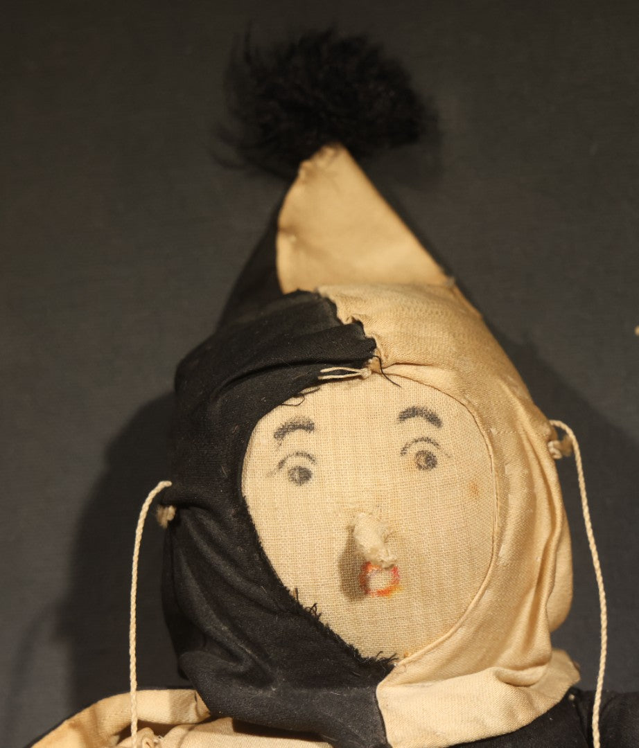 Antique Handmade Cloth Pierrot Clown Marionette Doll with Pointed Hat, Pom-Pom, and Button-Front Costume