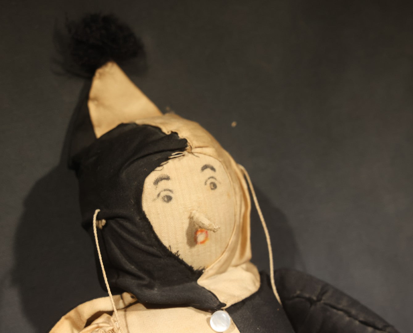 Antique Handmade Cloth Pierrot Clown Marionette Doll with Pointed Hat, Pom-Pom, and Button-Front Costume