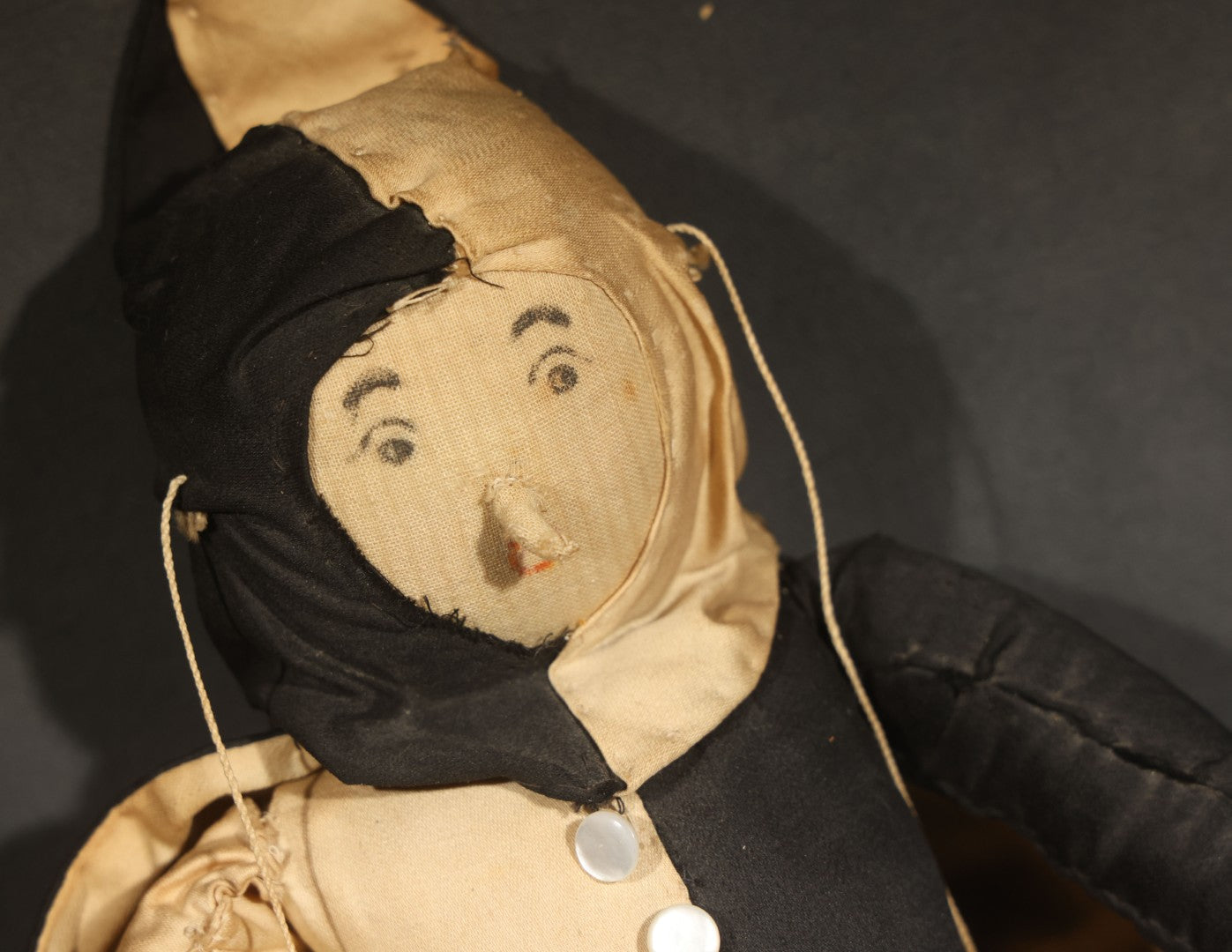 Antique Handmade Cloth Pierrot Clown Marionette Doll with Pointed Hat, Pom-Pom, and Button-Front Costume