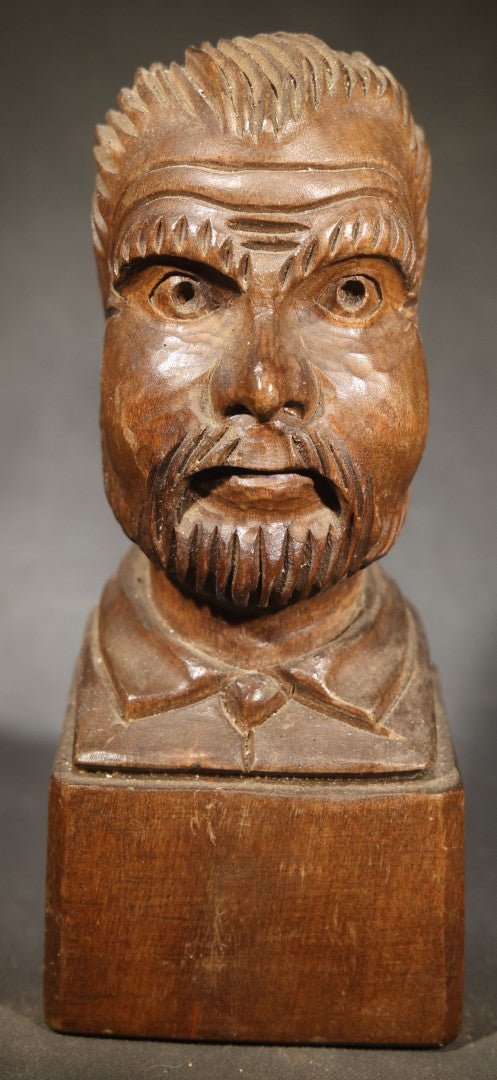 Vintage Folk Art Carved Wood Bust of a Bearded Man on Square Base, Signed with Initials