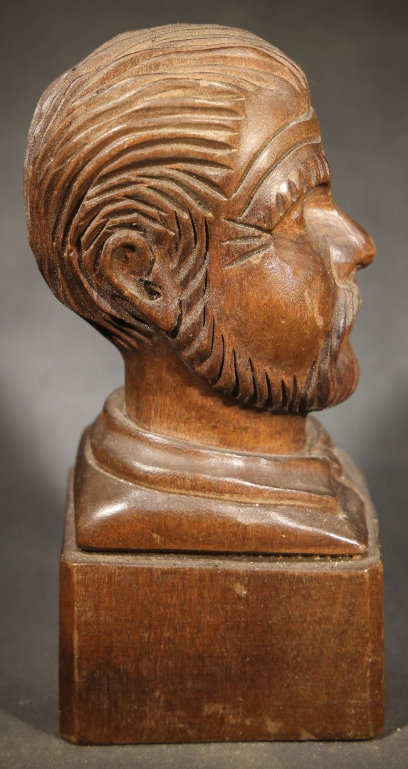Vintage Folk Art Carved Wood Bust of a Bearded Man on Square Base, Signed with Initials