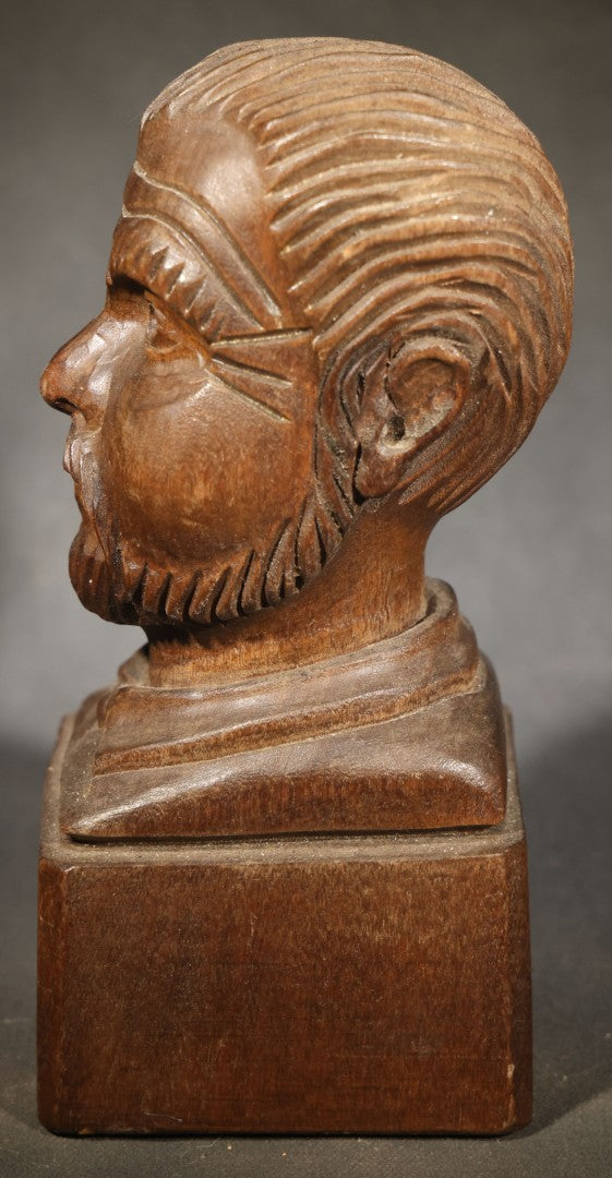 Vintage Folk Art Carved Wood Bust of a Bearded Man on Square Base, Signed with Initials