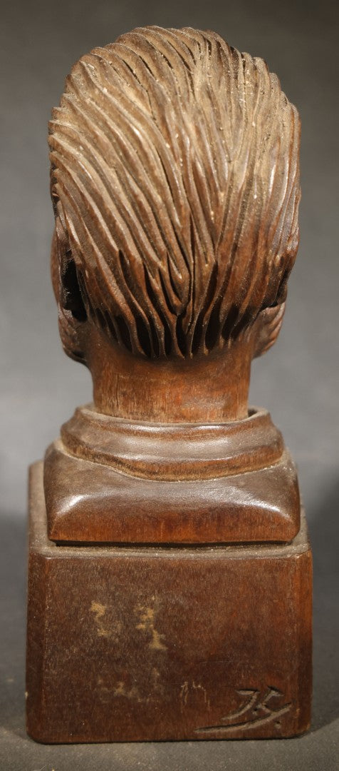 Vintage Folk Art Carved Wood Bust of a Bearded Man on Square Base, Signed with Initials