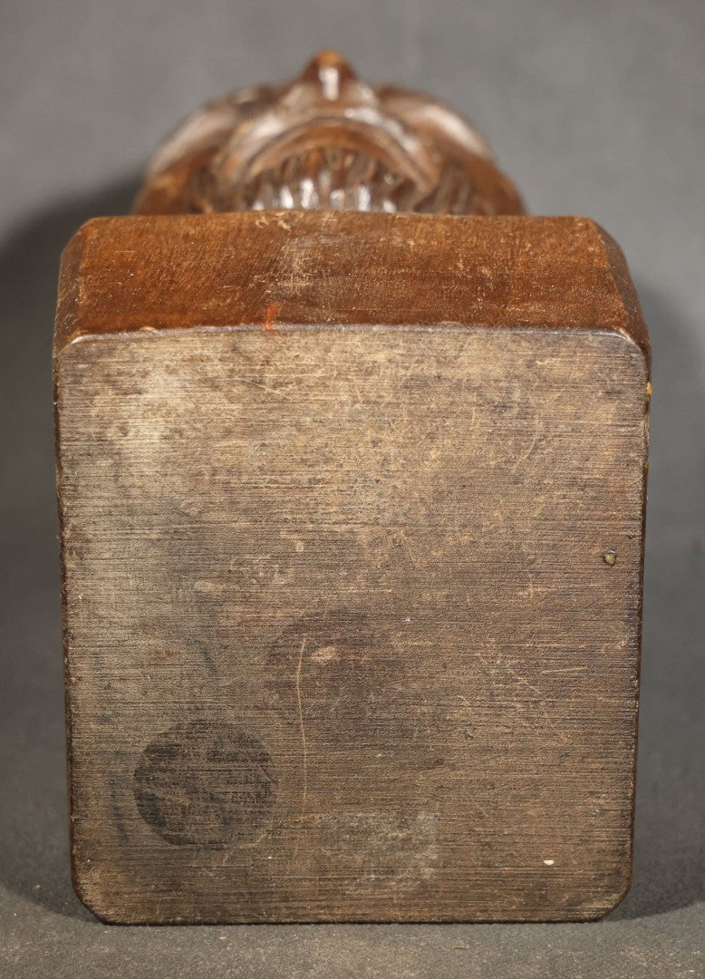 Vintage Folk Art Carved Wood Bust of a Bearded Man on Square Base, Signed with Initials