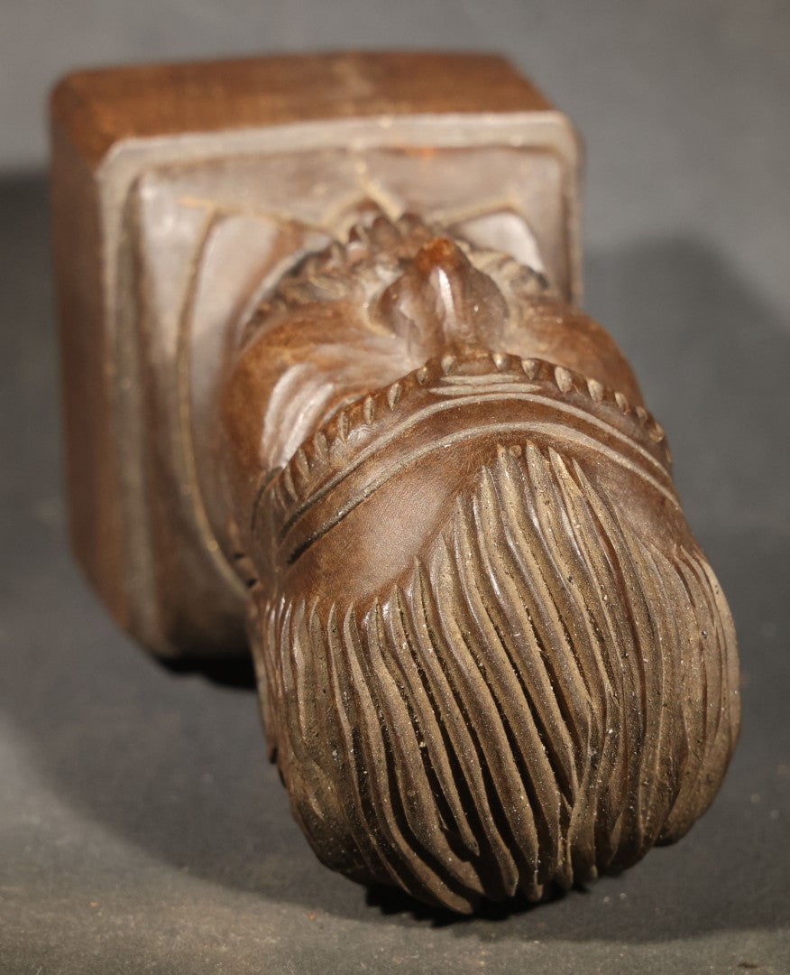 Vintage Folk Art Carved Wood Bust of a Bearded Man on Square Base, Signed with Initials
