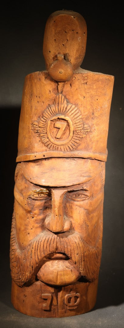 Vintage Folk Art Carved Wood Military Figure with 7th Regiment Starburst Badge, Inscribed to John Wallace Turner, 1971