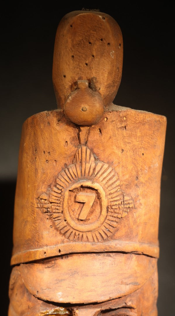 Vintage Folk Art Carved Wood Military Figure with 7th Regiment Starburst Badge, Inscribed to John Wallace Turner, 1971