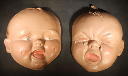 Pair of Vintage Chalkware Baby Face Wall Plaques with Happy and Crying Expressions