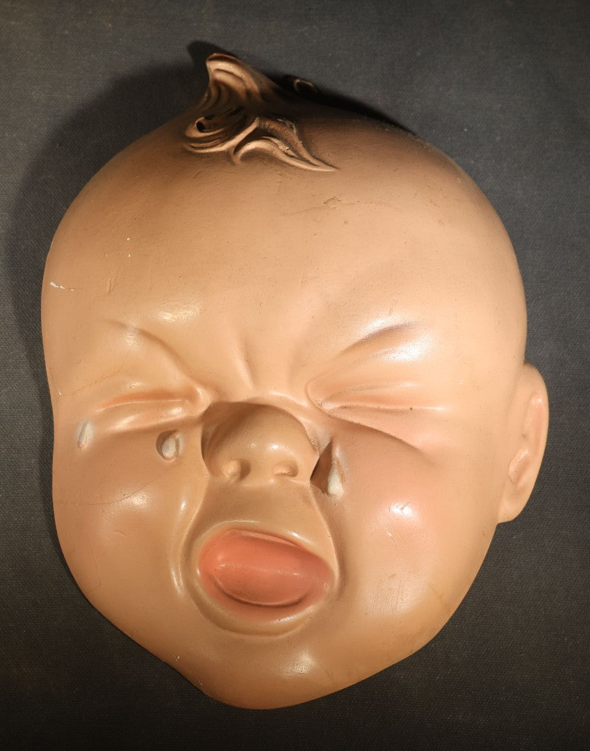Pair of Vintage Chalkware Baby Face Wall Plaques with Happy and Crying Expressions