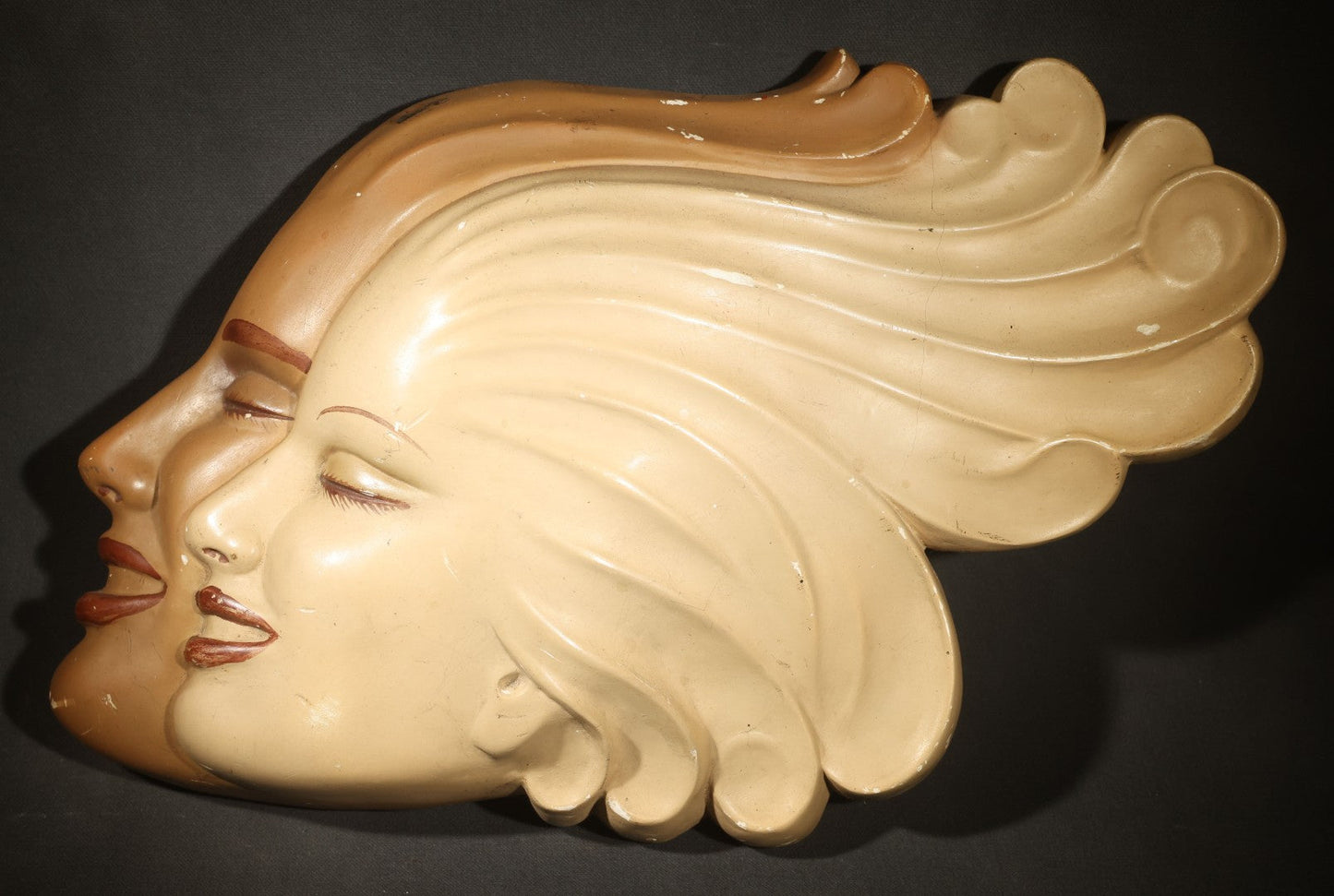 Vintage Chalkware Wall Plaque of two Women in Profile with Flowing Hair, Note Damage Repair on Verso