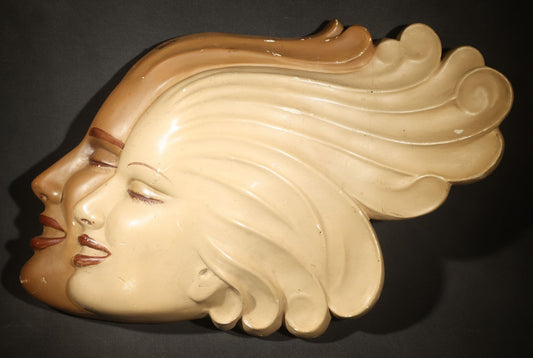 Vintage Chalkware Wall Plaque of two Women in Profile with Flowing Hair, Note Damage Repair on Verso