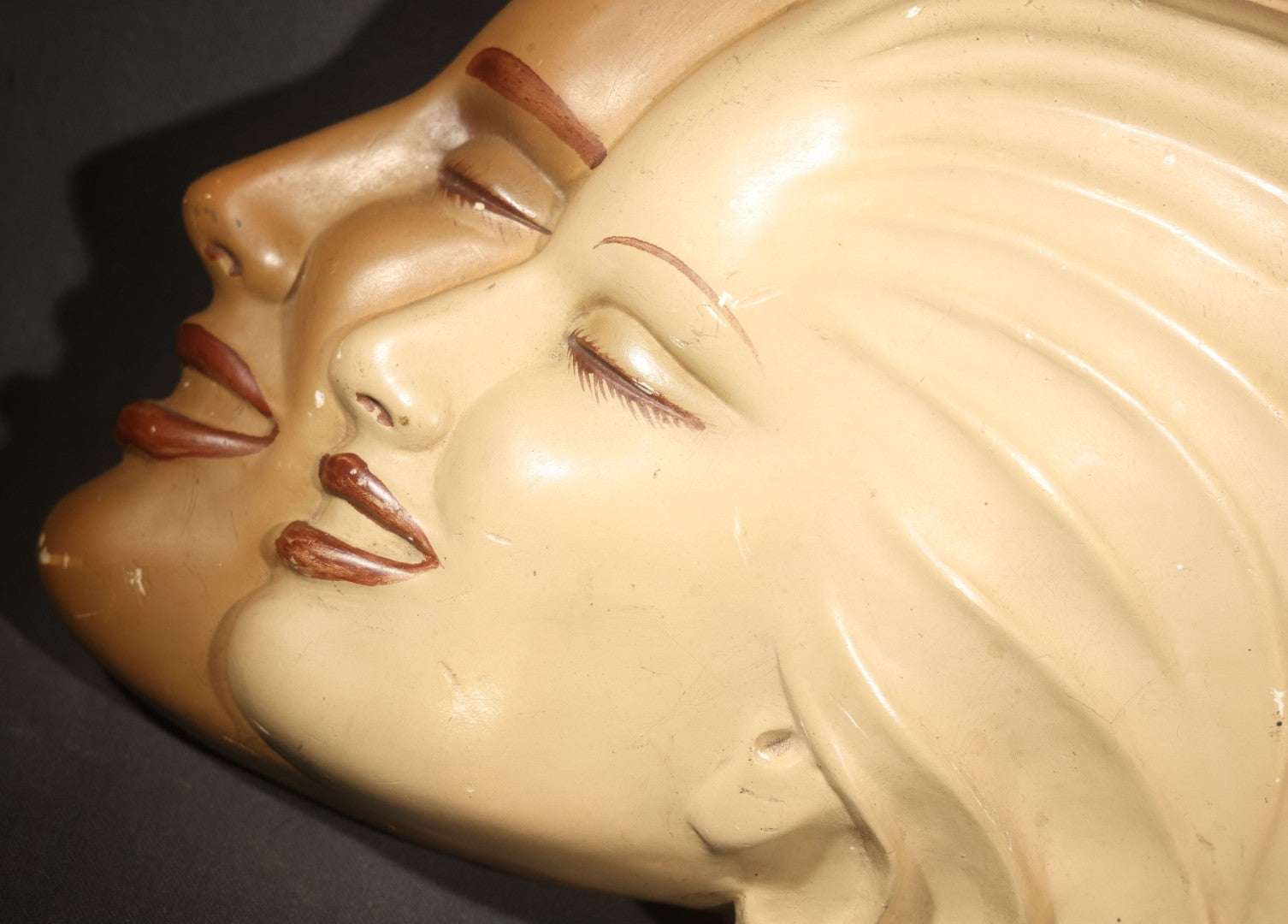 Vintage Chalkware Wall Plaque of two Women in Profile with Flowing Hair, Note Damage Repair on Verso