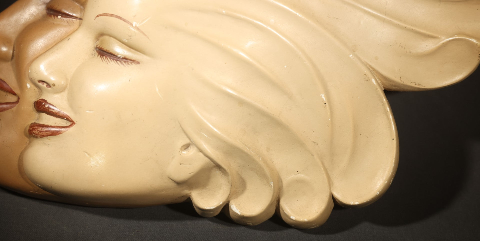Vintage Chalkware Wall Plaque of two Women in Profile with Flowing Hair, Note Damage Repair on Verso