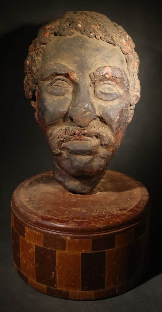 Antique Redware Sculptural Head of a Mustached Man with Curly Hair on Checkerboard Wood Bowl Base