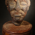 Lot 080 - Antique Redware Sculptural Head of a Mustached Man with Curly Hair on Checkerboard Wood Bowl Base, 14-1/2" H