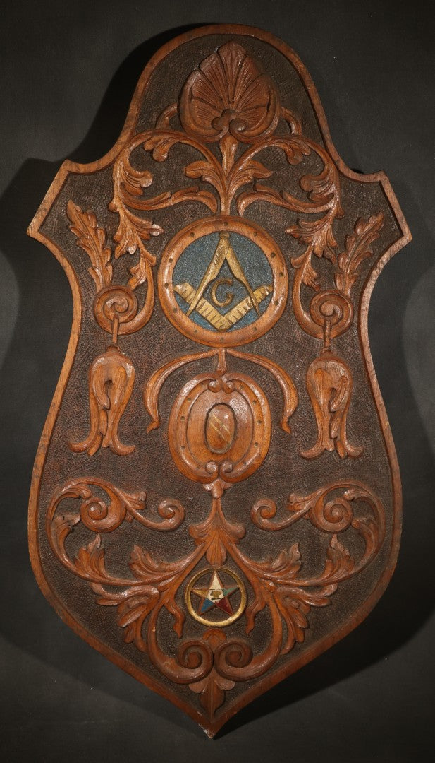 Vintage Folk Art Carved Wood Masonic Shield Plaque with Square and Compasses and Order of the Eastern Star Emblems, Inscribed "Lawrence Gross to Carl F. Lindstoll 1932"