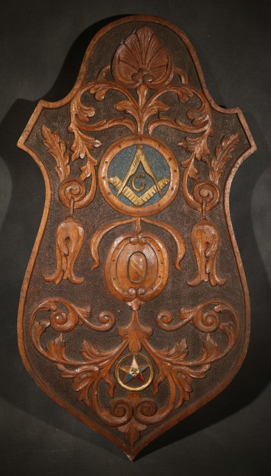 Vintage Folk Art Carved Wood Masonic Shield Plaque with Square and Compasses and Order of the Eastern Star Emblems, Inscribed "Lawrence Gross to Carl F. Lindstoll 1932"