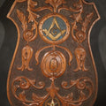 Lot 091 - Vintage Folk Art Carved Wood Masonic Shield Plaque with Square and Compasses and Order of the Eastern Star Emblems, Inscribed "Lawrence Gross to Carl F. Lindstoll 1932", 11-1/2" W x 21-5/8" H