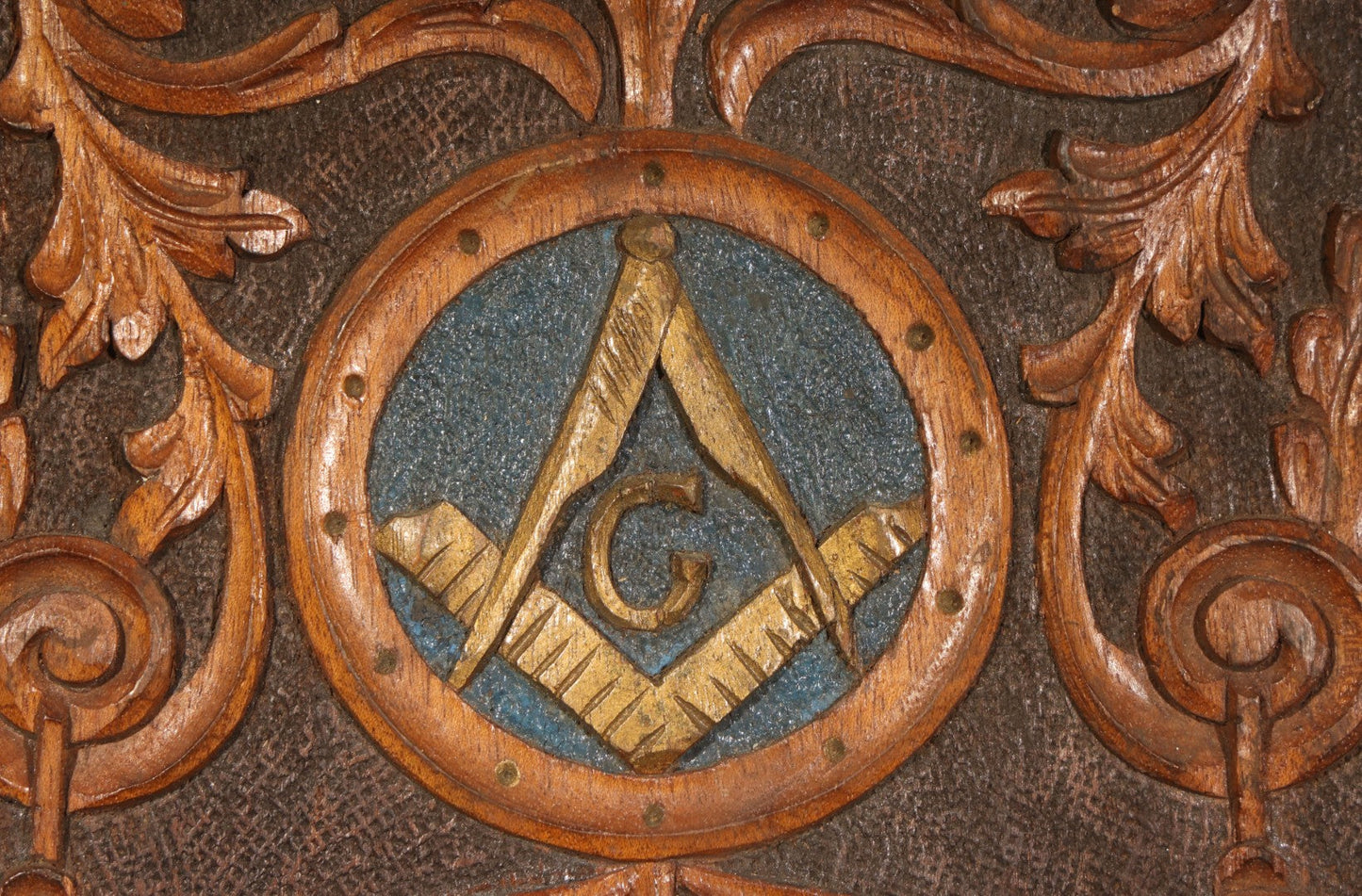 Vintage Folk Art Carved Wood Masonic Shield Plaque with Square and Compasses and Order of the Eastern Star Emblems, Inscribed "Lawrence Gross to Carl F. Lindstoll 1932"