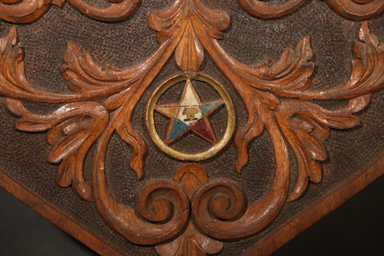 Vintage Folk Art Carved Wood Masonic Shield Plaque with Square and Compasses and Order of the Eastern Star Emblems, Inscribed "Lawrence Gross to Carl F. Lindstoll 1932"
