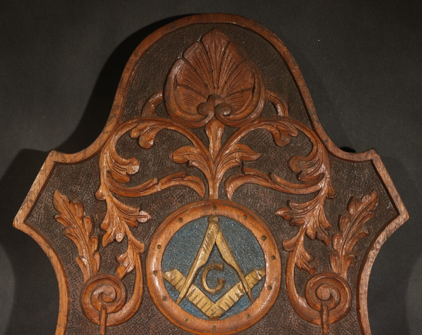 Vintage Folk Art Carved Wood Masonic Shield Plaque with Square and Compasses and Order of the Eastern Star Emblems, Inscribed "Lawrence Gross to Carl F. Lindstoll 1932"