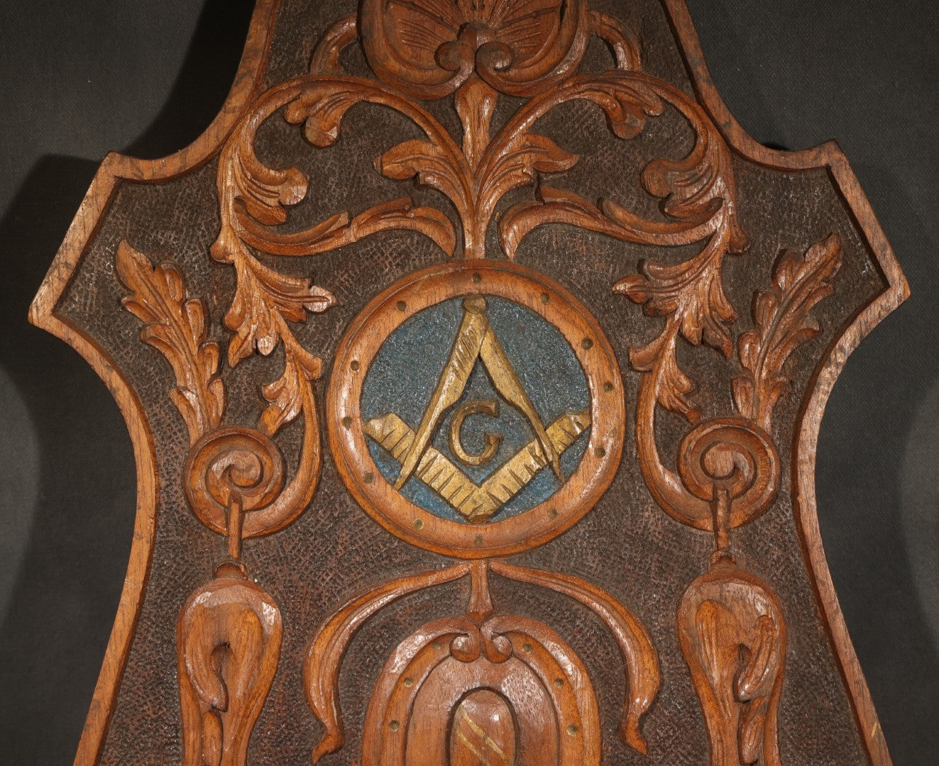Vintage Folk Art Carved Wood Masonic Shield Plaque with Square and Compasses and Order of the Eastern Star Emblems, Inscribed "Lawrence Gross to Carl F. Lindstoll 1932"