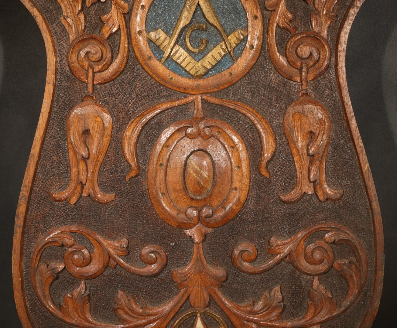 Vintage Folk Art Carved Wood Masonic Shield Plaque with Square and Compasses and Order of the Eastern Star Emblems, Inscribed "Lawrence Gross to Carl F. Lindstoll 1932"