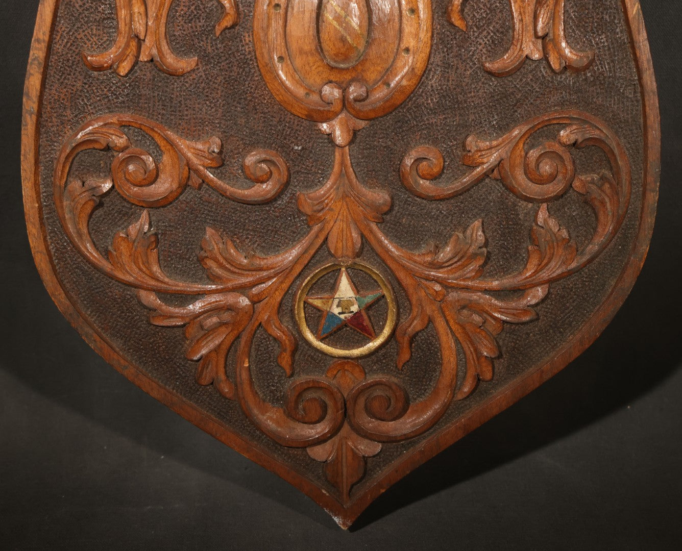 Vintage Folk Art Carved Wood Masonic Shield Plaque with Square and Compasses and Order of the Eastern Star Emblems, Inscribed "Lawrence Gross to Carl F. Lindstoll 1932"