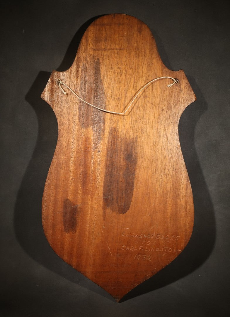 Vintage Folk Art Carved Wood Masonic Shield Plaque with Square and Compasses and Order of the Eastern Star Emblems, Inscribed "Lawrence Gross to Carl F. Lindstoll 1932"