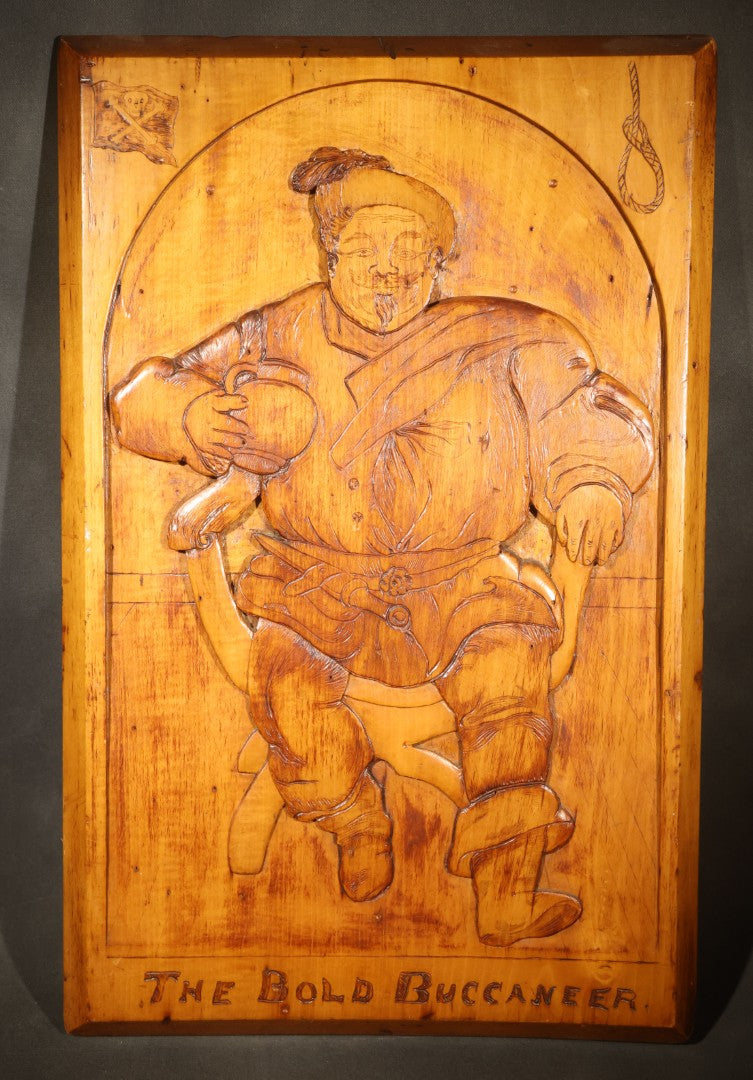 Antique Folk Art Carved and Burned Wood Relief Panel "The Bold Buccaneer" with Pirate, Jolly Roger, and Noose, Inscribed to the Crew of the Ship "Stand Pat," New Haven, Connecticut, August 1907