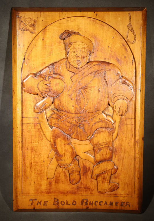 Antique Folk Art Carved and Burned Wood Relief Panel "The Bold Buccaneer" with Pirate, Jolly Roger, and Noose, Inscribed to the Crew of the Ship "Stand Pat," New Haven, Connecticut, August 1907