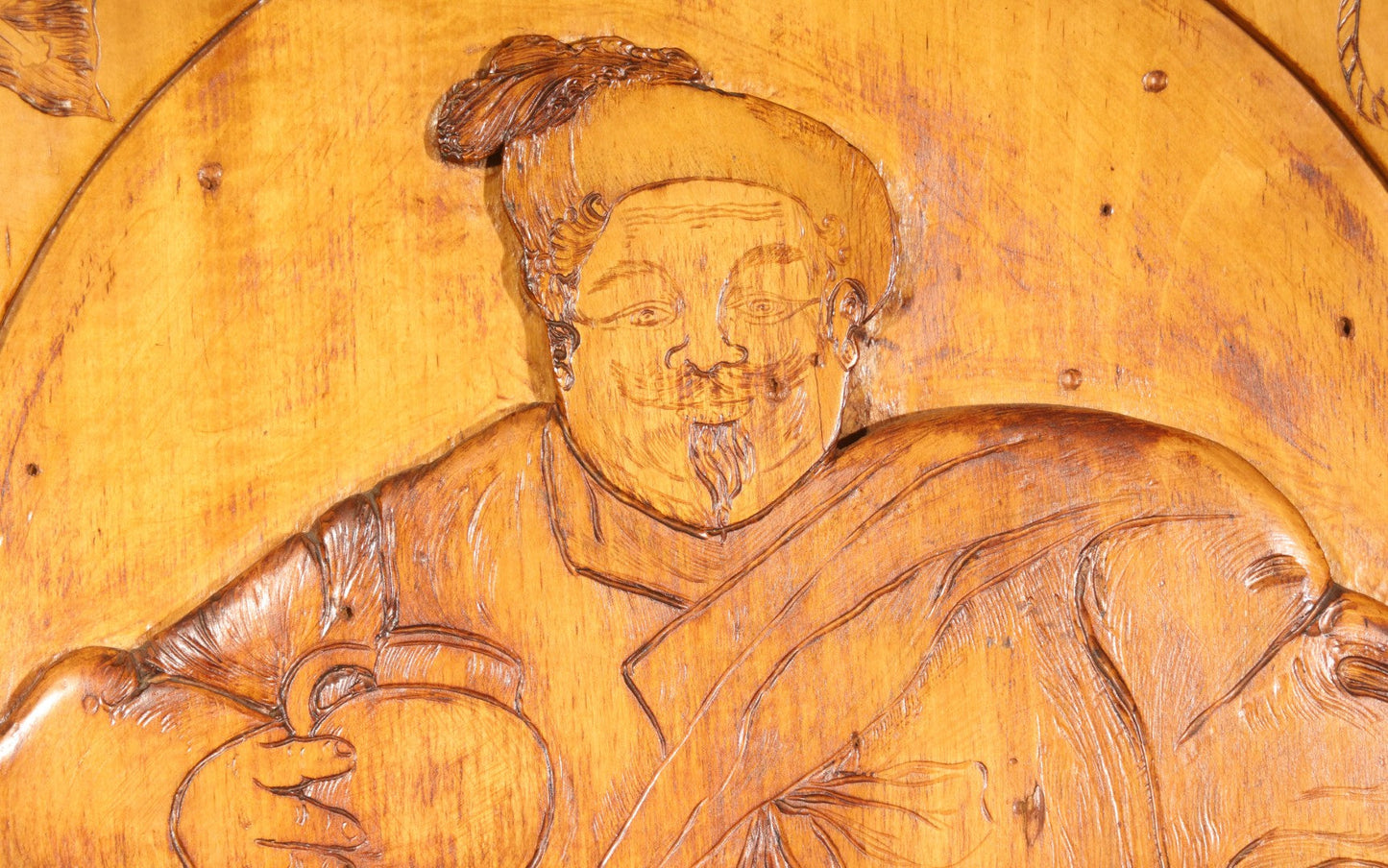 Antique Folk Art Carved and Burned Wood Relief Panel "The Bold Buccaneer" with Pirate, Jolly Roger, and Noose, Inscribed to the Crew of the Ship "Stand Pat," New Haven, Connecticut, August 1907