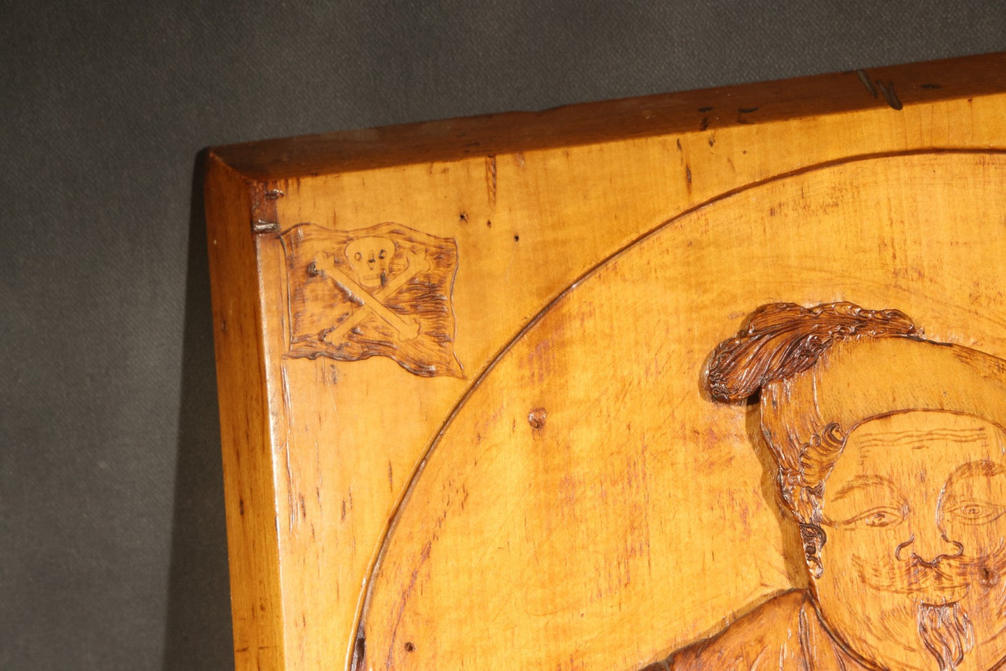 Antique Folk Art Carved and Burned Wood Relief Panel "The Bold Buccaneer" with Pirate, Jolly Roger, and Noose, Inscribed to the Crew of the Ship "Stand Pat," New Haven, Connecticut, August 1907