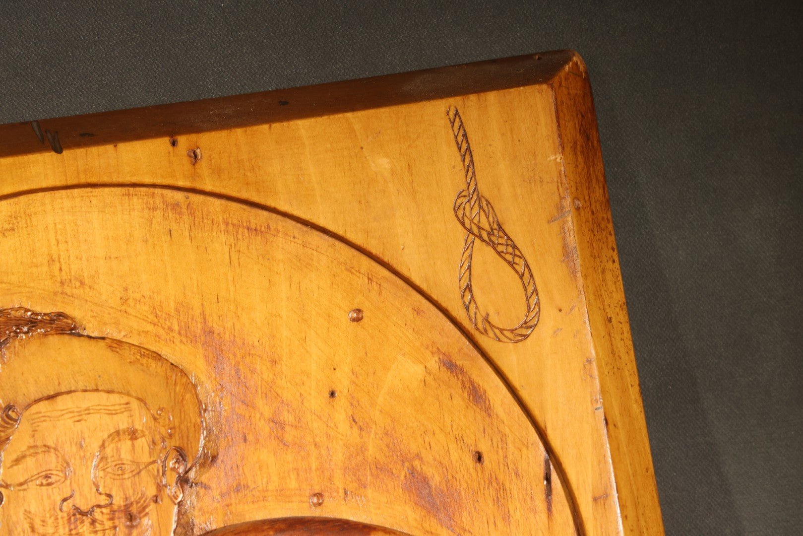 Antique Folk Art Carved and Burned Wood Relief Panel "The Bold Buccaneer" with Pirate, Jolly Roger, and Noose, Inscribed to the Crew of the Ship "Stand Pat," New Haven, Connecticut, August 1907