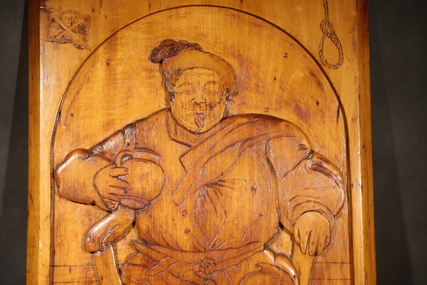 Antique Folk Art Carved and Burned Wood Relief Panel "The Bold Buccaneer" with Pirate, Jolly Roger, and Noose, Inscribed to the Crew of the Ship "Stand Pat," New Haven, Connecticut, August 1907
