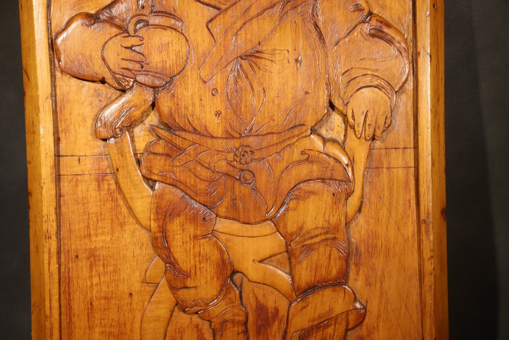 Antique Folk Art Carved and Burned Wood Relief Panel "The Bold Buccaneer" with Pirate, Jolly Roger, and Noose, Inscribed to the Crew of the Ship "Stand Pat," New Haven, Connecticut, August 1907