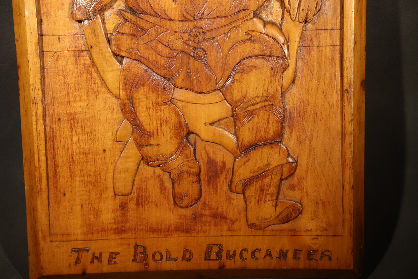 Antique Folk Art Carved and Burned Wood Relief Panel "The Bold Buccaneer" with Pirate, Jolly Roger, and Noose, Inscribed to the Crew of the Ship "Stand Pat," New Haven, Connecticut, August 1907