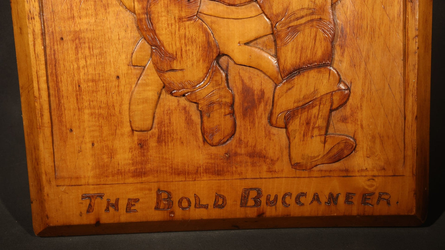 Antique Folk Art Carved and Burned Wood Relief Panel "The Bold Buccaneer" with Pirate, Jolly Roger, and Noose, Inscribed to the Crew of the Ship "Stand Pat," New Haven, Connecticut, August 1907