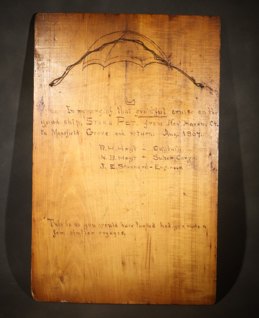 Antique Folk Art Carved and Burned Wood Relief Panel "The Bold Buccaneer" with Pirate, Jolly Roger, and Noose, Inscribed to the Crew of the Ship "Stand Pat," New Haven, Connecticut, August 1907