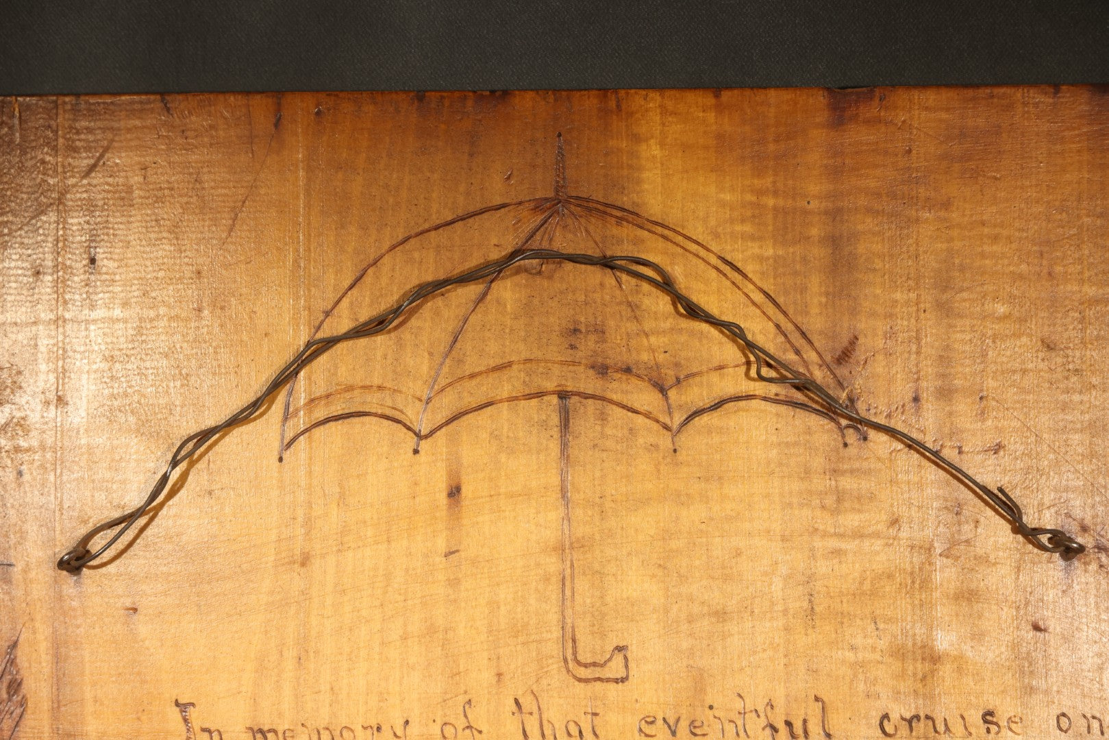 Antique Folk Art Carved and Burned Wood Relief Panel "The Bold Buccaneer" with Pirate, Jolly Roger, and Noose, Inscribed to the Crew of the Ship "Stand Pat," New Haven, Connecticut, August 1907