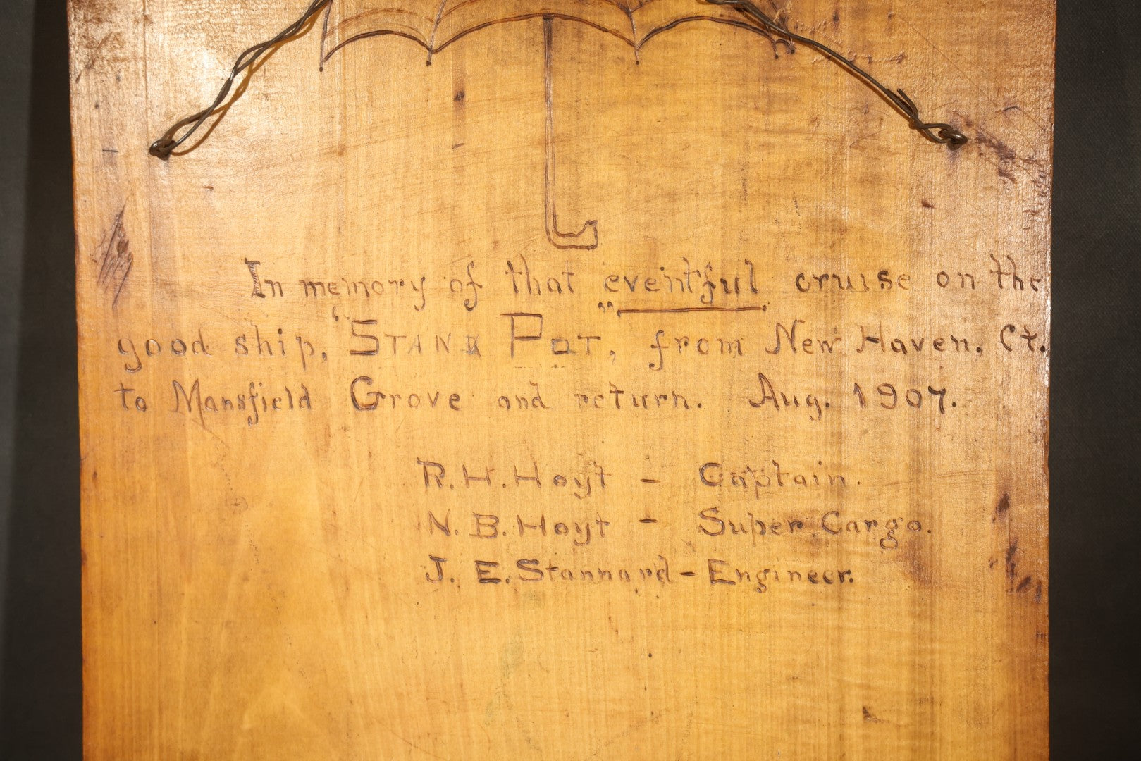 Antique Folk Art Carved and Burned Wood Relief Panel "The Bold Buccaneer" with Pirate, Jolly Roger, and Noose, Inscribed to the Crew of the Ship "Stand Pat," New Haven, Connecticut, August 1907