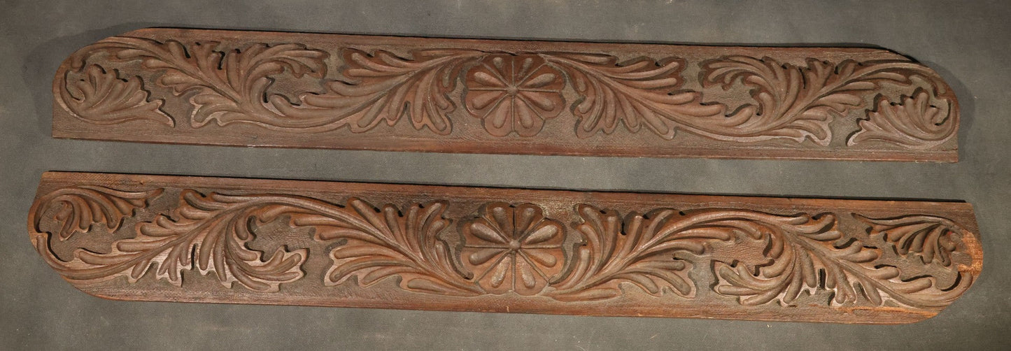 Pair of Antique Carved Wood Furniture Fragments with Acanthus Leaf Scrollwork and Central Rosette Motifs, 28-1/2" And 28-3/4" L