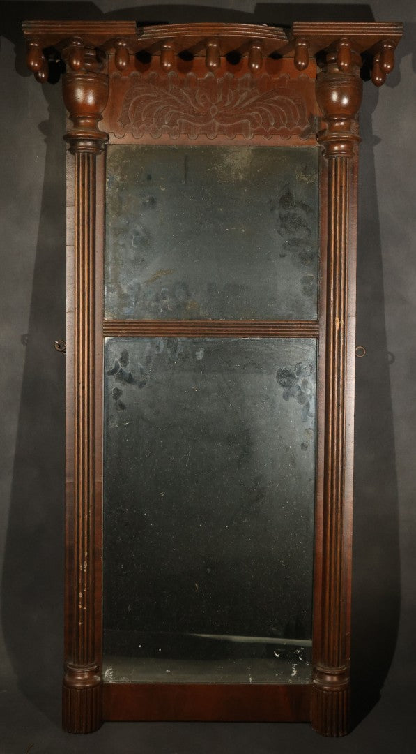Antique Two-Part Wall Mirror with Carved Cornice, Turned Drop Pendants, and Fluted Columns
