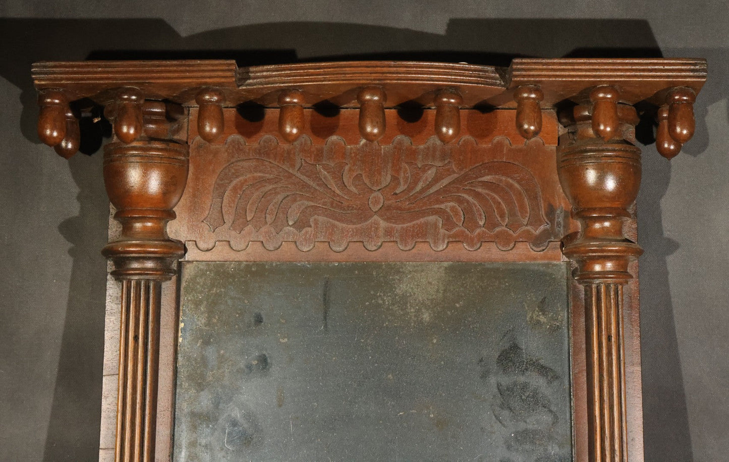 Antique Two-Part Wall Mirror with Carved Cornice, Turned Drop Pendants, and Fluted Columns