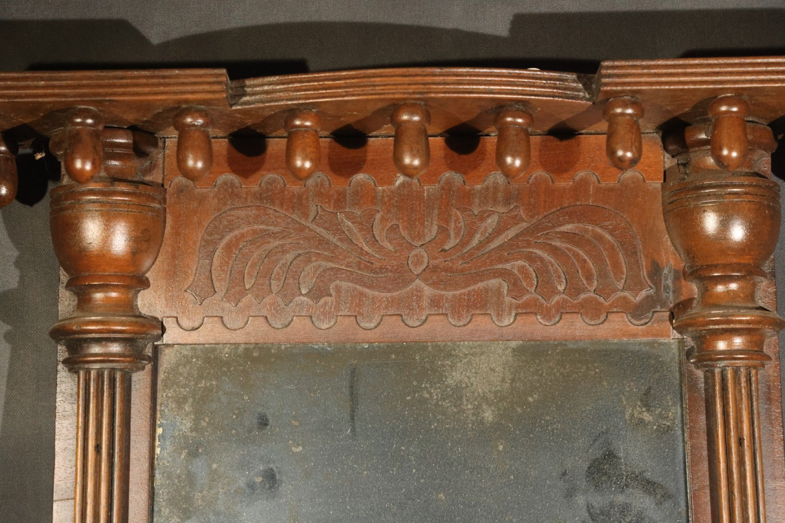 Antique Two-Part Wall Mirror with Carved Cornice, Turned Drop Pendants, and Fluted Columns
