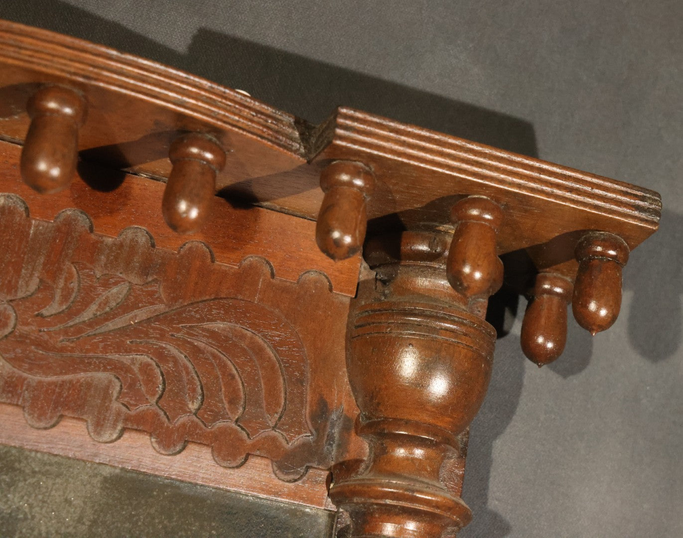 Antique Two-Part Wall Mirror with Carved Cornice, Turned Drop Pendants, and Fluted Columns