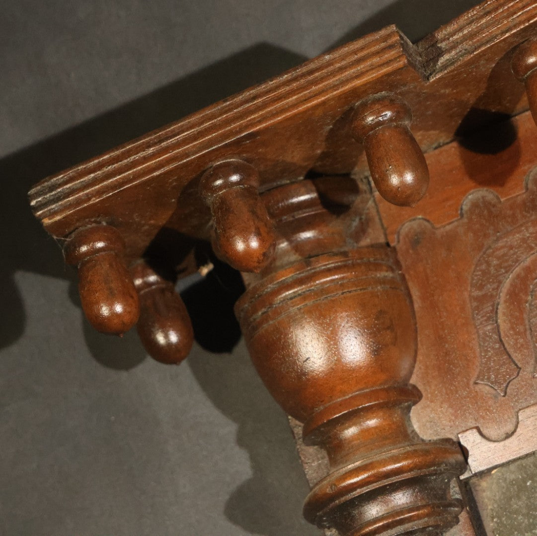 Antique Two-Part Wall Mirror with Carved Cornice, Turned Drop Pendants, and Fluted Columns