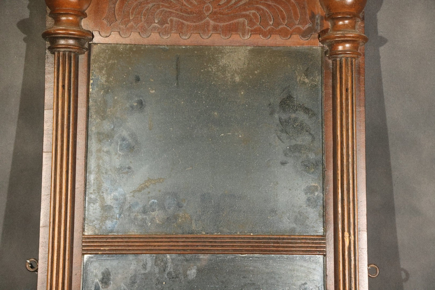 Antique Two-Part Wall Mirror with Carved Cornice, Turned Drop Pendants, and Fluted Columns